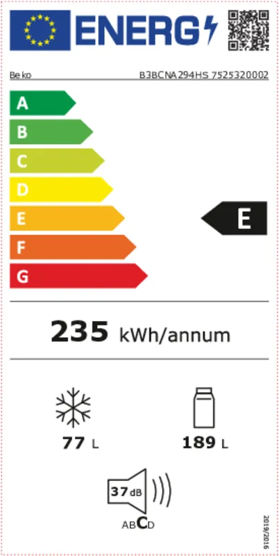Beko B3BCNA294HS energielabel
